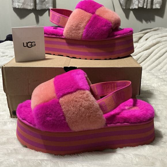 UGG PRIDE DISCO CHECKERS CORAL PINK FLUFF SLIDE SANDALS SLIPPER SIZE US 11 WOMEN - Picture 1 of 16